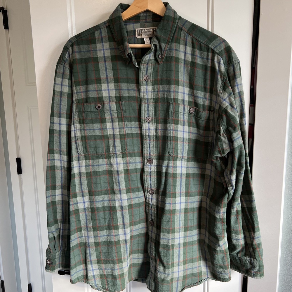 Duluth Trading Co Shirt Mens Large Green Plaid Flannel Long Sleeve Relaxed Fit